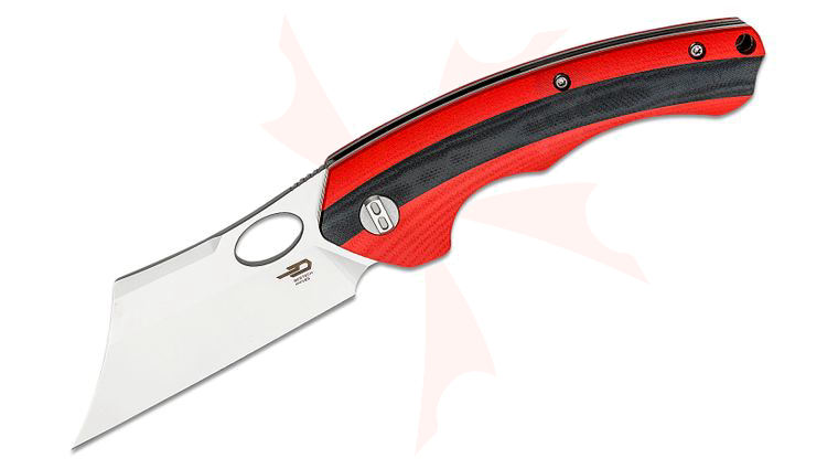 Bestech Knives Skirmish Flipper Knife 3.23 inch D2 Satin Modified Cleaver Blade, Red/Black G10 Handles