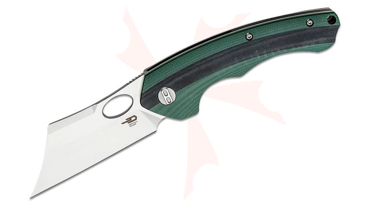 Bestech Knives Skirmish Flipper Knife 3.23 inch D2 Satin Modified Cleaver Blade, Green/Black G10 Handles