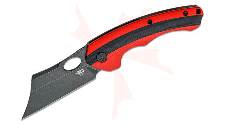 Bestech Knives Skirmish Flipper Knife 3.23 inch D2 Black Modified Cleaver Blade, Red/Black G10 Handles