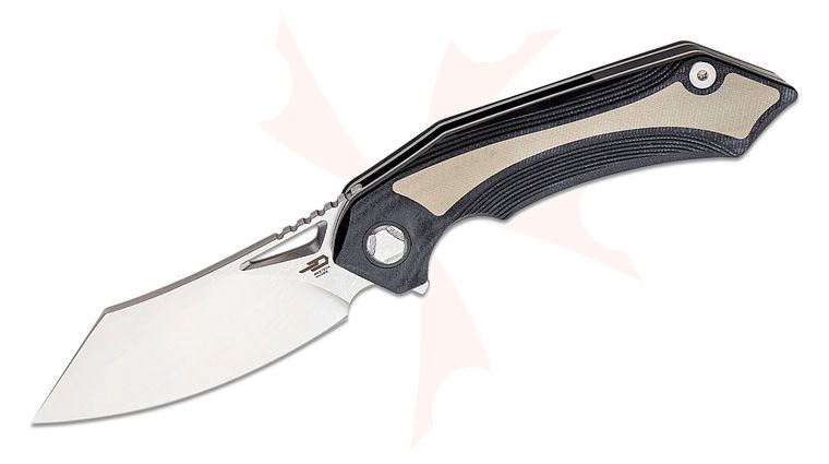 Bestech Knives Kombou Kasta Flipper Knife 3.46 inch 154CM Two-Tone Reverse Tanto Blade, Black and Beige G10 Handles