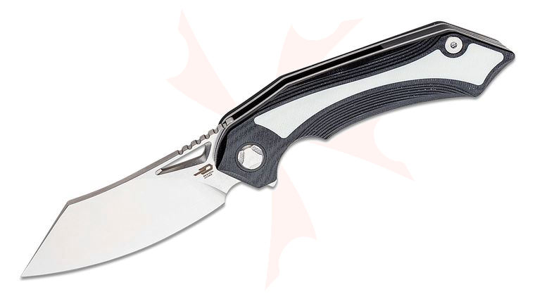 Bestech Knives Kombou Kasta Flipper Knife 3.46 inch 154CM Two-Tone Reverse Tanto Blade, Black and White G10 Handles