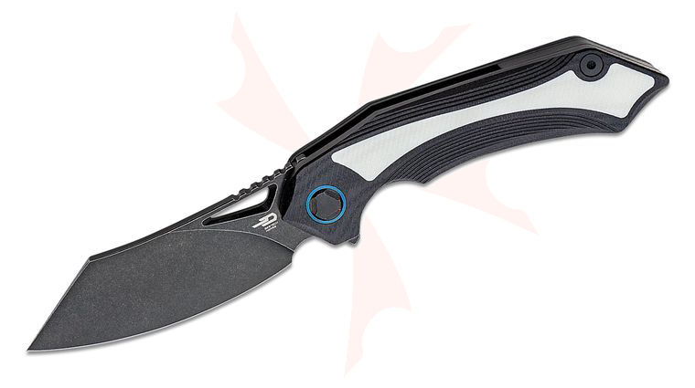 Bestech Knives Kombou Kasta Flipper Knife 3.46 inch 154CM Black Stonewashed Reverse Tanto Blade, Black and White G10 Handles