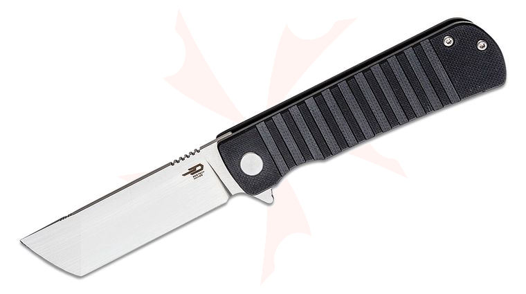 Bestech Knives Titan Flipper Knife 2.96 inch D2 Two-Tone Tanto Blade, Milled Black G10 Handles