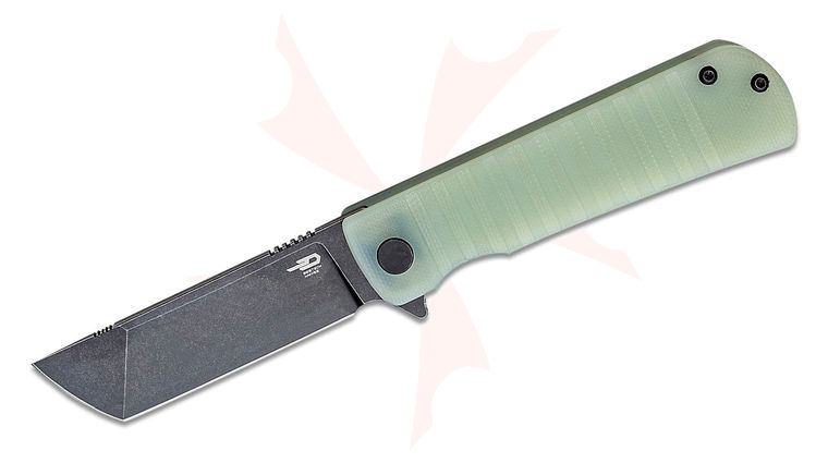 Bestech Knives Titan Flipper Knife 2.96 inch D2 Black Stonewashed Tanto Blade, Milled Translucent Jade G10 Handles