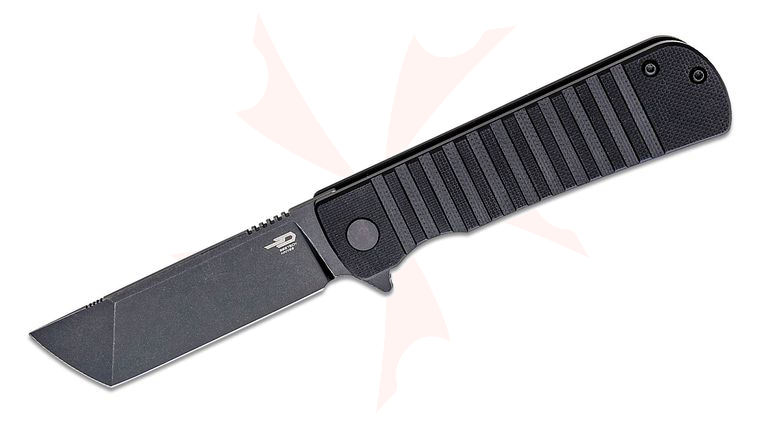 Bestech Knives Titan Flipper Knife 2.96 inch D2 Black Stonewashed Tanto Blade, Milled Black G10 Handles