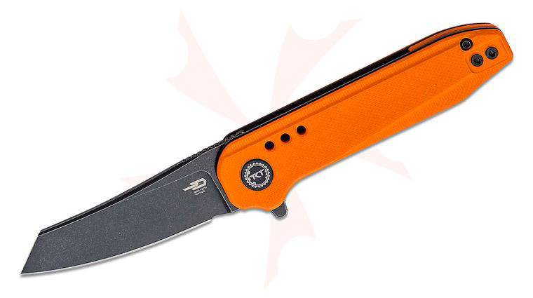 Bestech Knives Syntax Flipper Knife 2.84 inch 14C28N Black Stonewashed Reverse Tanto Blade, Orange G10 Handles