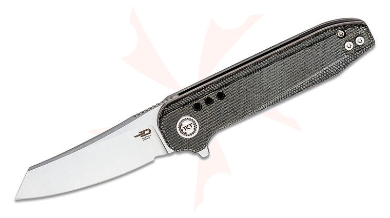 Bestech Knives Syntax Flipper Knife 2.84 inch 14C28N Two-Tone Reverse Tanto Blade, Black Micarta Handles