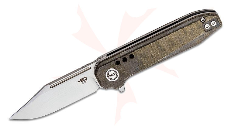 Bestech Knives Syntax Flipper Knife 2.84 inch 154CM Two-Tone Clip Point Blade, Green Micarta Handles