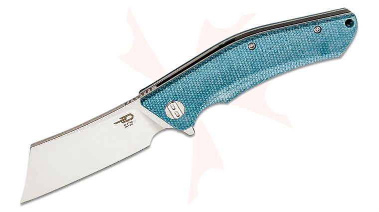 Bestech Knives Cubis Flipper Knife 3.15 inch D2 Two-Tone Modified Cleaver Blade, Blue Canvas Micarta Handles