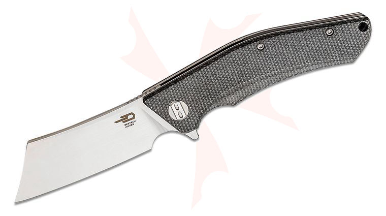 Bestech Knives Cubis Flipper Knife 3.15 inch D2 Two-Tone Modified Cleaver Blade, Black Canvas Micarta Handles