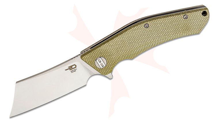 Bestech Knives Cubis Flipper Knife 3.15 inch D2 Two-Tone Modified Cleaver Blade, Green Canvas Micarta Handles