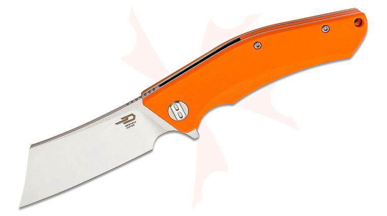 Bestech Knives Cubis Flipper Knife 3.15 inch D2 Two-Tone Modified Cleaver Blade, Orange G10 Handles