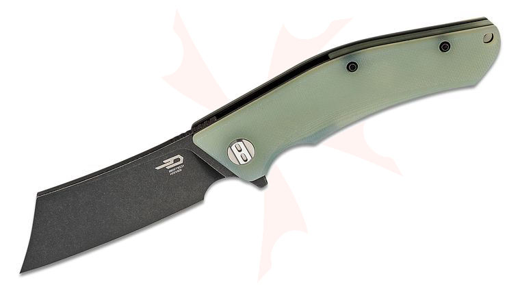 Bestech Knives Cubis Flipper Knife 3.15 inch D2 Black Modified Cleaver Blade, Natural (Jade) G10 Handles