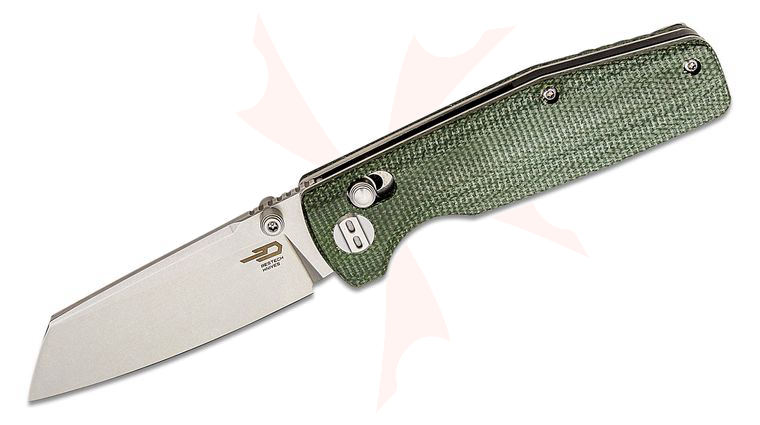 Bestech Knives Slasher Folding Knife 3.07 inch D2 Stonewashed Sheepsfoot Blade, Green Canvas Micarta Handles