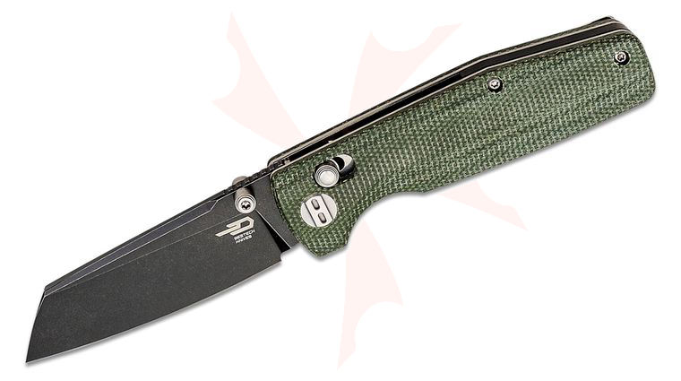 Bestech Knives Slasher Folding Knife 3.07 inch D2 Black Stonewashed Sheepsfoot Blade, Green Canvas Micarta Handles