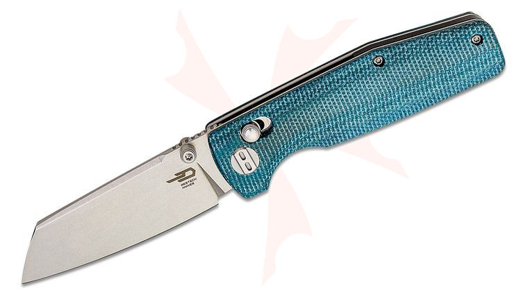 Bestech Knives Slasher Folding Knife 3.07 inch D2 Stonewashed Sheepsfoot Blade, Blue Canvas Micarta Handles