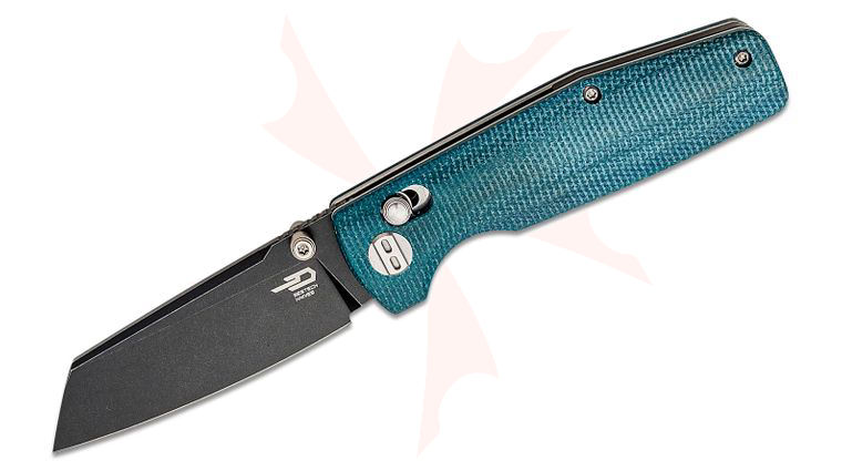 Bestech Knives Slasher Folding Knife 3.07 inch D2 Black Stonewashed Sheepsfoot Blade, Blue Canvas Micarta Handles