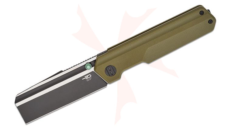 Bestech Knives Tardis Liner Lock Folding Knife 3.15 inch D2 Two-Toned Cleaver Blade, Milled OD Green G10 Handles