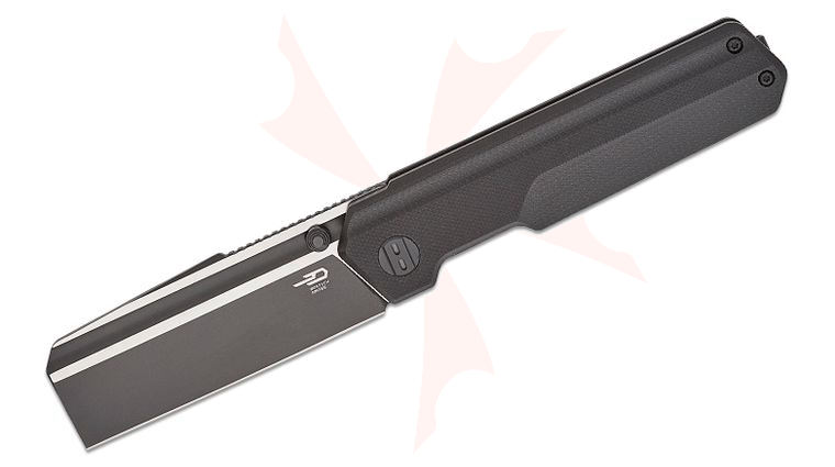 Bestech Knives Tardis Liner Lock Folding Knife 3.15 inch D2 Two-Toned Cleaver Blade, Milled Black G10 Handles