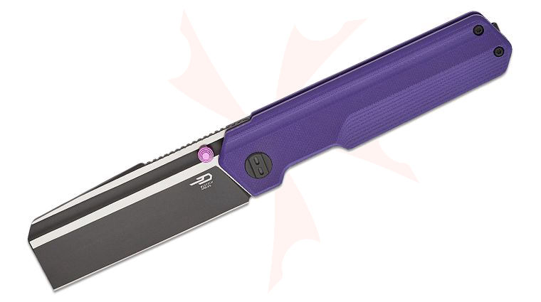 Bestech Knives Tardis Liner Lock Folding Knife 3.15 inch D2 Two-Toned Cleaver Blade, Milled Purple G10 Handles