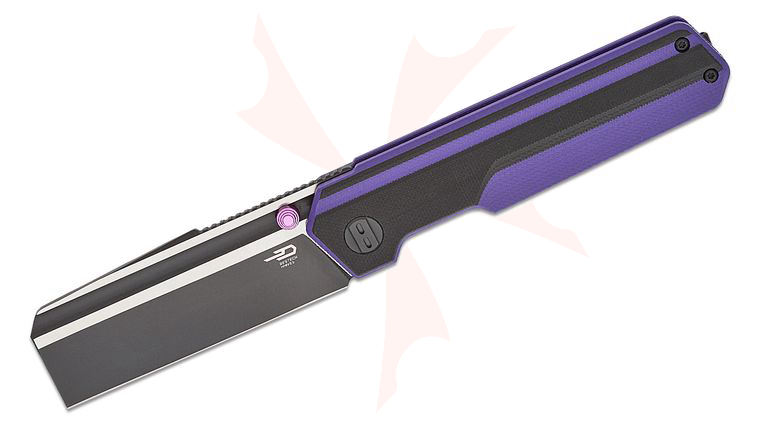 Bestech Knives Tardis Liner Lock Folding Knife 3.15 inch D2 Two-Toned Cleaver Blade, Milled Purple and Black G10 Handles