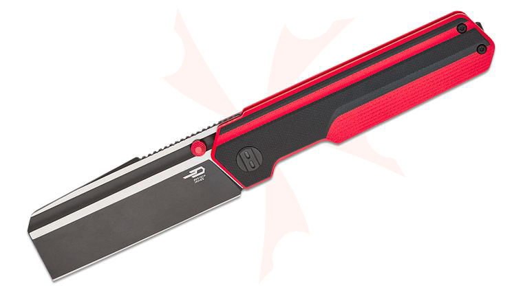 Bestech Knives Tardis Liner Lock Folding Knife 3.15 inch D2 Two-Toned Cleaver Blade, Milled Red and Black G10 Handles