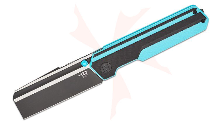 Bestech Knives Tardis Liner Lock Folding Knife 3.15 inch D2 Two-Toned Cleaver Blade, Milled Teal and Black G10 Handles