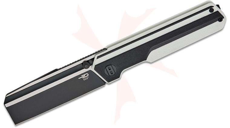 Bestech Knives Tardis Liner Lock Folding Knife 3.15 inch CPM-MagnaCut Two-Toned Cleaver Blade, Milled Black and White G10 Handles - KnifeCenter Exclusive