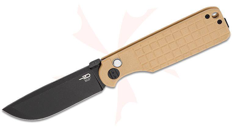 Bestech Knives Glok Button Lock Folding Knife 3.54 inch 14C28N Black Stonewashed Drop Point Blade, Khaki G10 Handles