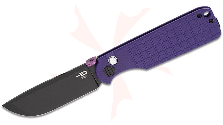 Bestech Knives Glok Button Lock Folding Knife 3.54 inch 14C28N Black Stonewashed Drop Point Blade, Purple G10 Handles