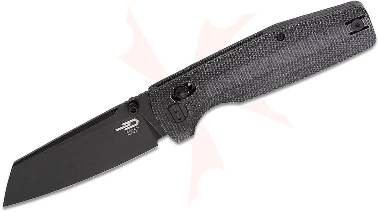 Bestech Knives Slasher Crossbar Lock Folding Knife 3.5 inch D2 Black Stonewashed Sheepsfoot Blade, Black Canvas Micarta Handles