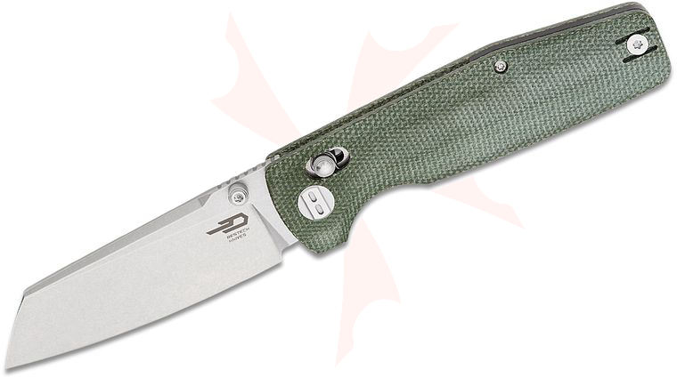 Bestech Knives Slasher Crossbar Lock Folding Knife 3.5 inch D2 Stonewashed Sheepsfoot Blade, Green Canvas Micarta Handles