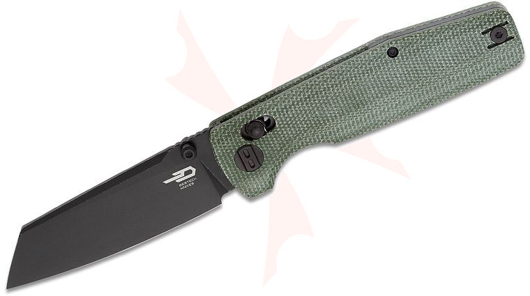 Bestech Knives Slasher Crossbar Lock Folding Knife 3.5 inch D2 Black Stonewashed Sheepsfoot Blade, Green Canvas Micarta Handles