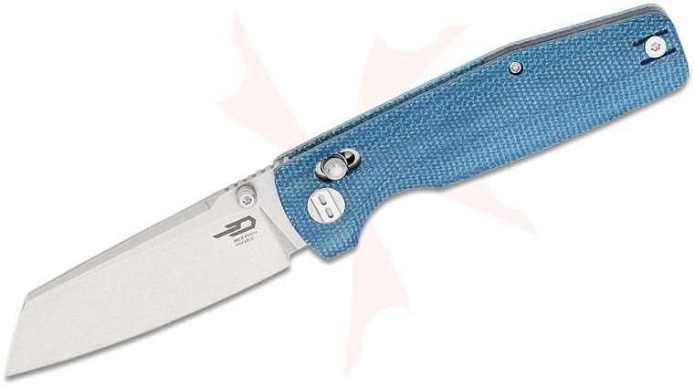 Bestech Knives Slasher Crossbar Lock Folding Knife 3.5 inch D2 Stonewashed Sheepsfoot Blade, Blue Canvas Micarta Handles