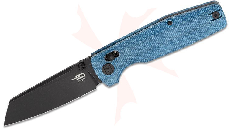 Bestech Knives Slasher Crossbar Lock Folding Knife 3.5 inch D2 Black Stonewashed Sheepsfoot Blade, Blue Canvas Micarta Handles