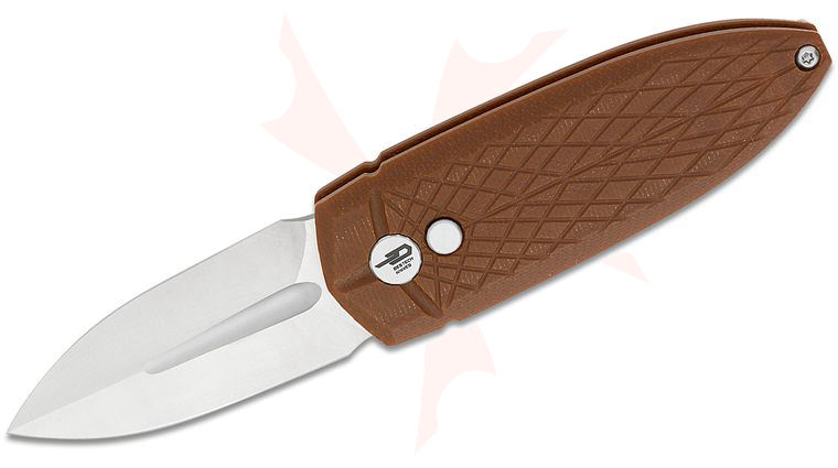 Bestech Knives Ququ Button Lock Folding Knife 2.2 inch 14C28N Satin Spear Point Blade, Brown G10 Handles