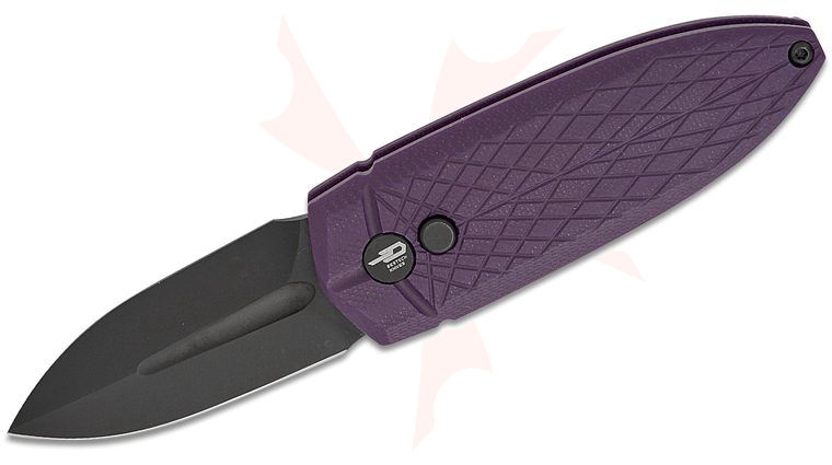 Bestech Knives Ququ Button Lock Folding Knife 2.2 inch 14C28N Black DLC Spear Point Blade, Purple G10 Handles