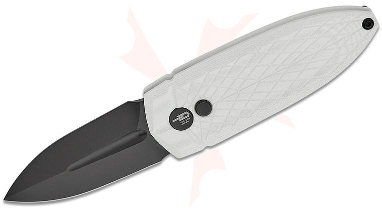 Bestech Knives Ququ Button Lock Folding Knife 2.2 inch 14C28N Black DLC Spear Point Blade, White G10 Handles