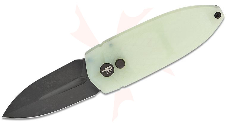 Bestech Knives Ququ Button Lock Folding Knife 2.2 inch 14C28N Black DLC Spear Point Blade, Natural (Jade) G10 Handles