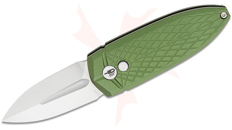 Bestech Knives Ququ Button Lock Folding Knife 2.2 inch 14C28N Satin Spear Point Blade, Green Aluminum Handles