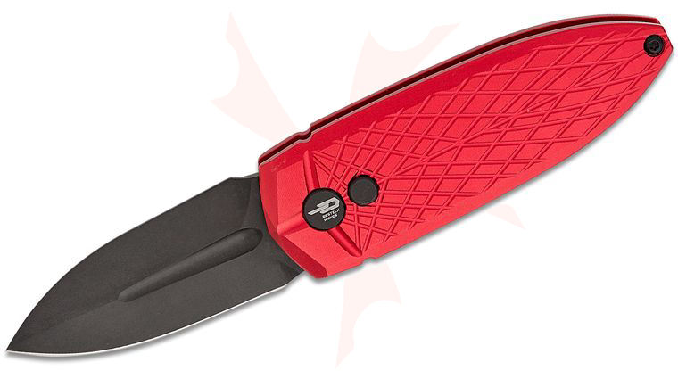 Bestech Knives Ququ Button Lock Folding Knife 2.2 inch 14C28N Black DLC Spear Point Blade, Red Aluminum Handles
