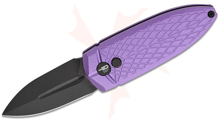 Bestech Knives Ququ Button Lock Folding Knife 2.2 inch 14C28N Black DLC Spear Point Blade, Purple Aluminum Handles