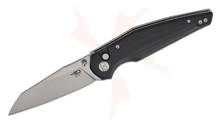 Bestech Knives Snakebird Button Lock Folding Knife 3.54 inch 14C28N Two-Tone Sheepsfoot Blade, Black G10 Handles
