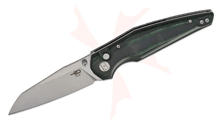 Bestech Knives Snakebird Button Lock Folding Knife 3.54 inch 14C28N Two-Tone Sheepsfoot Blade, Green/Black Micarta Handles
