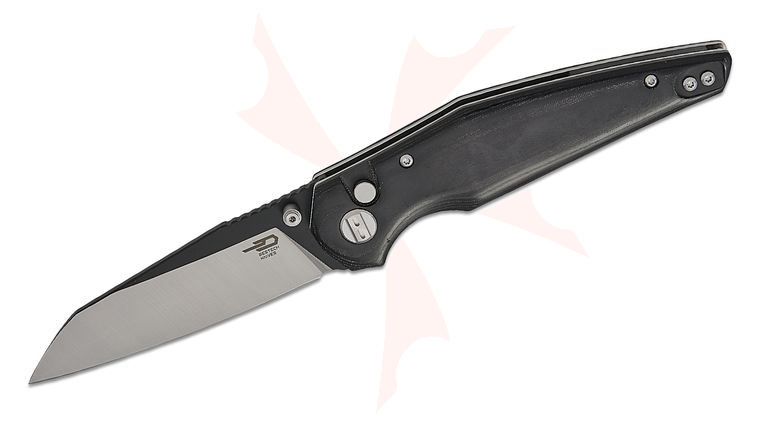 Bestech Knives Snakebird Button Lock Folding Knife 3.54 inch 14C28N Two-Tone Sheepsfoot Blade, Black Micarta Handles