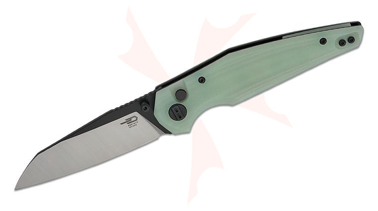 Bestech Knives Snakebird Button Lock Folding Knife 3.54 inch 14C28N Two-Tone Sheepsfoot Blade, Transparent Green G10 Handles