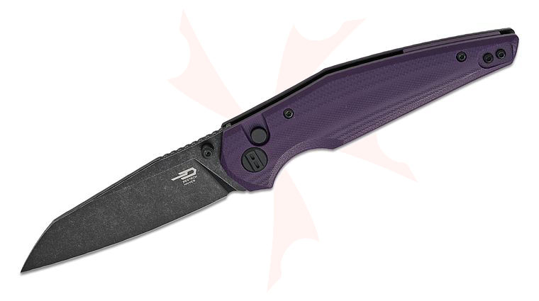 Bestech Knives Snakebird Button Lock Folding Knife 3.54 inch 14C28N Black Stonewashed Sheepsfoot Blade, Purple G10 Handles