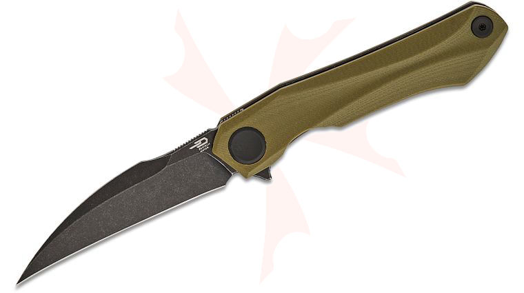 Bestech Knives Ivy Flipper Knife 3.09 inch 14C28N Black Stonewashed Hawkbill Blade, Milled OD Green G10 Handles