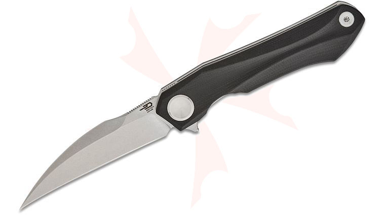 Bestech Knives Ivy Flipper Knife 3.09 inch 14C28N Stonewashed Hawkbill Blade, Milled Black G10 Handles