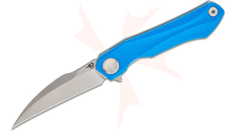 Bestech Knives Ivy Flipper Knife 3.09 inch 14C28N Stonewashed Hawkbill Blade, Milled Blue G10 Handles